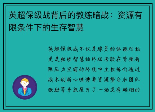 英超保级战背后的教练暗战：资源有限条件下的生存智慧