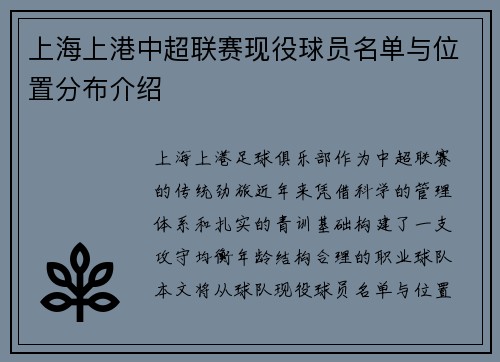 上海上港中超联赛现役球员名单与位置分布介绍