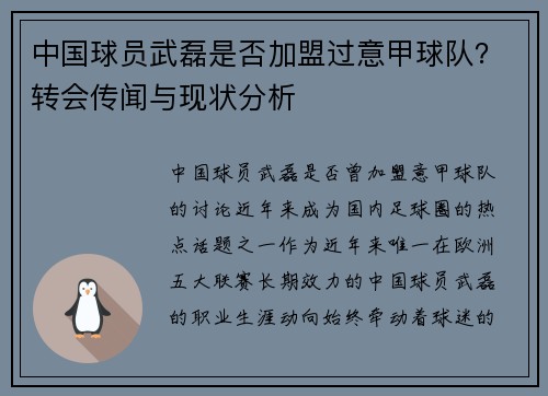 中国球员武磊是否加盟过意甲球队？转会传闻与现状分析