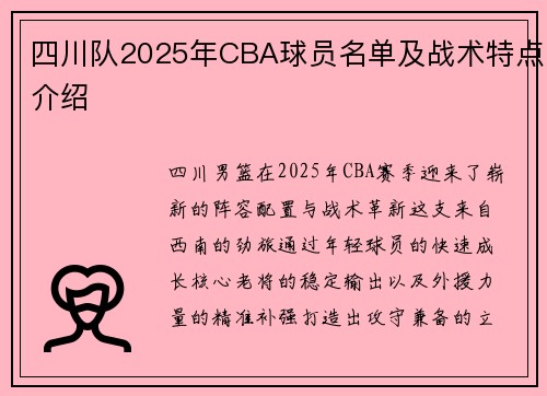 四川队2025年CBA球员名单及战术特点介绍
